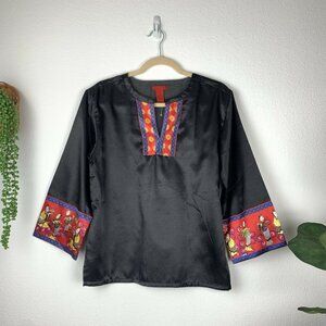 Shanghai Red M Black Satin Bell Sleeve Blouse Oriental Asian Print ABG Y2K